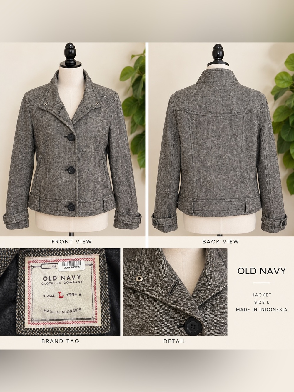 Old Navy Women's Charcoal Herringbone Blazer Jacket